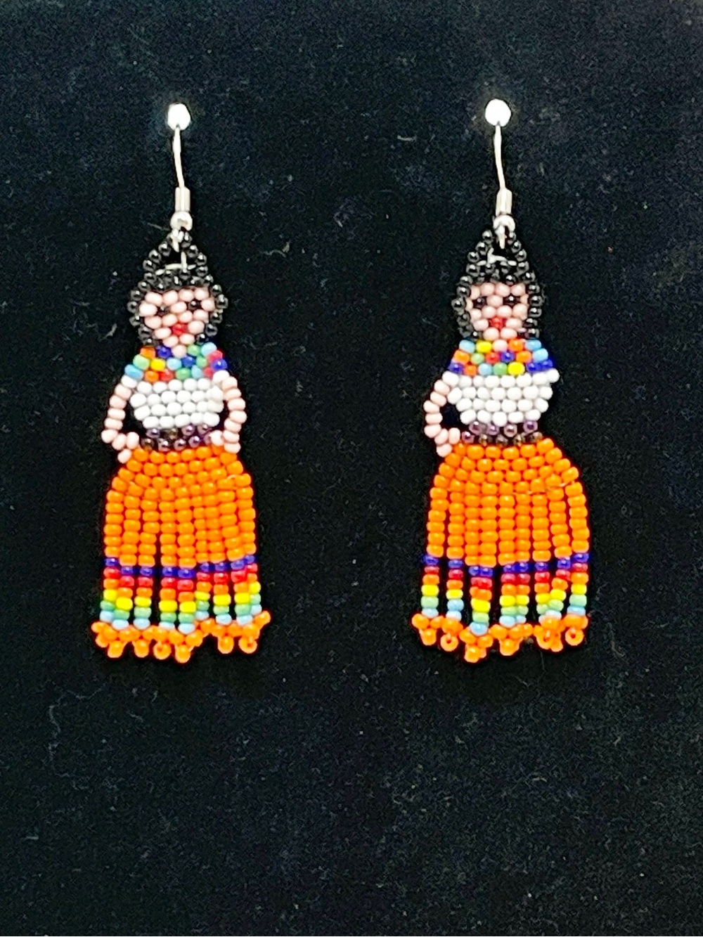 Vintage Seed Bead Dangle Doll Earrings Native American Style Folk Art 2.5”